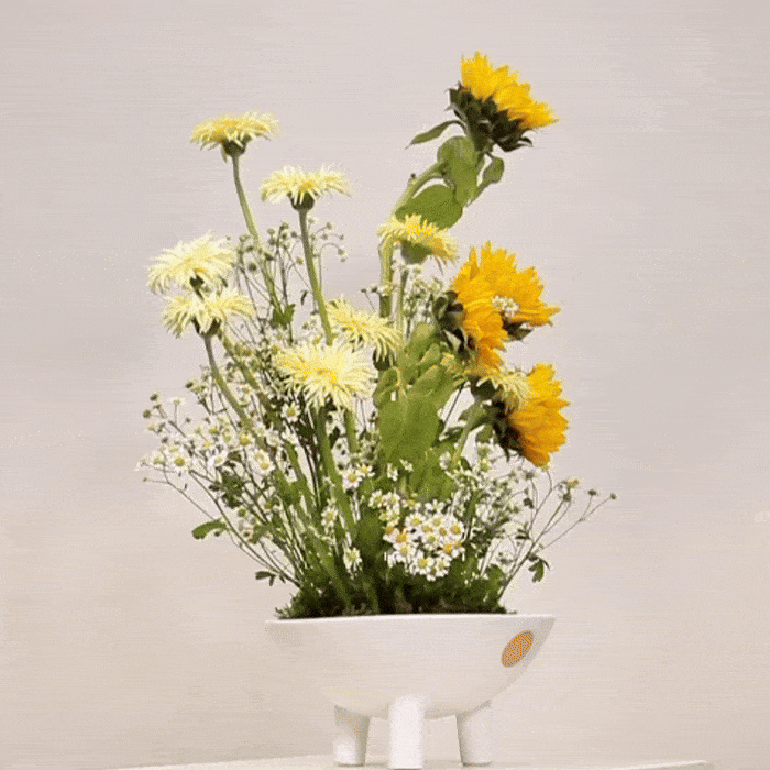 Aestas floral arrangement with sunflowers, yellow gerbera daisies, and matricaria in a white vase, embodying summer's vibrant energy.