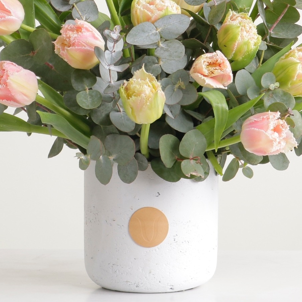 Prima luxury floral arrangement blush parrot tulips silver eucalyptus Kuwait Vitali Concept
