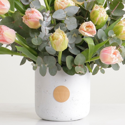 Prima luxury floral arrangement blush parrot tulips silver eucalyptus Kuwait Vitali Concept