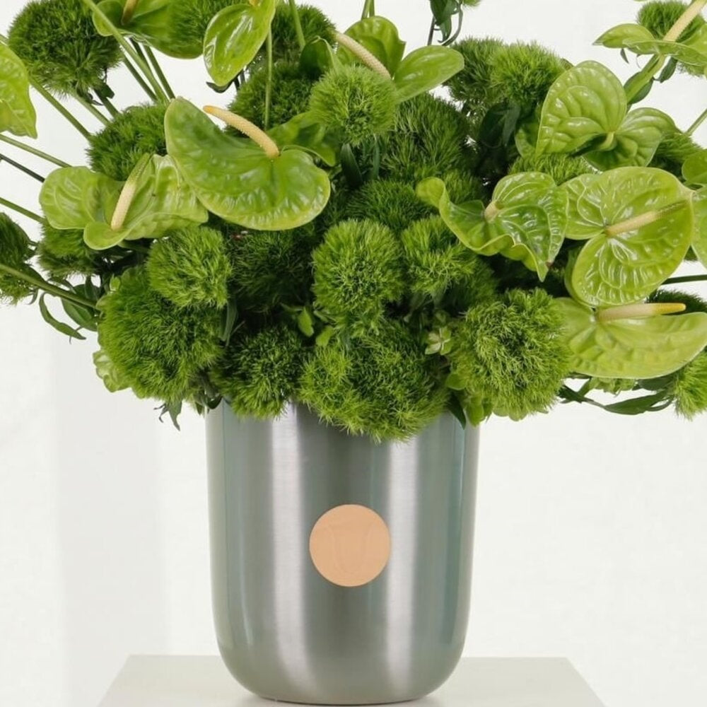 Emerald luxury floral arrangement green anthuriums dianthus blooms Kuwait Vitali Concept