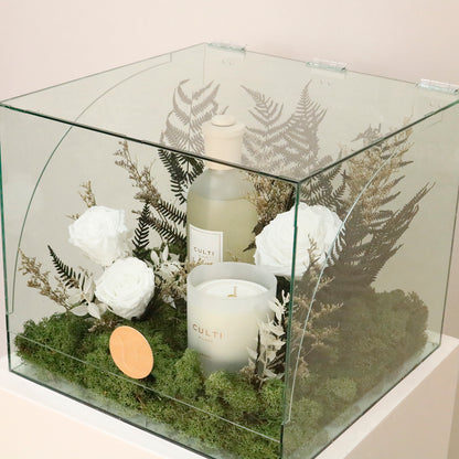 luxury home fragrance gift set featuring Culti Milano diffuser, luxury candle, and preserved white roses.