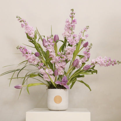Pink Breeze luxury floral arrangement lilac stock flowers purple tulips ornamental grass Kuwait Vitali Concept