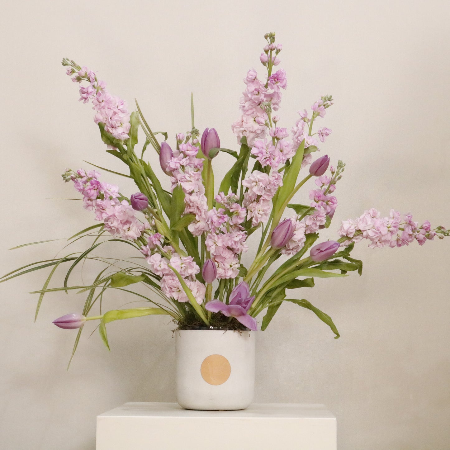 Pink Breeze luxury floral arrangement lilac stock flowers purple tulips ornamental grass Kuwait Vitali Concept