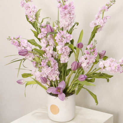 Pink Breeze luxury floral arrangement lilac stock flowers purple tulips ornamental grass Kuwait Vitali Concept