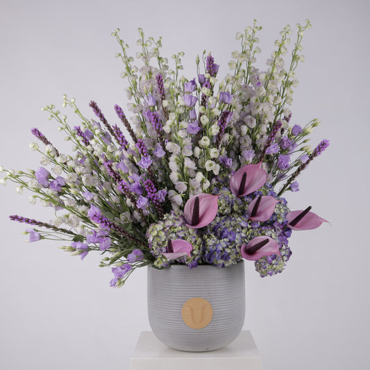 Purple Aura luxury floral arrangement premium handcrafted purple blooms elegant mystical statement gifting Kuwait Vitali Concept