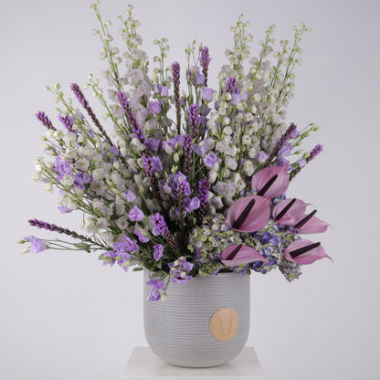 Purple Aura luxury floral arrangement premium handcrafted purple blooms elegant mystical statement gifting Kuwait Vitali Concept