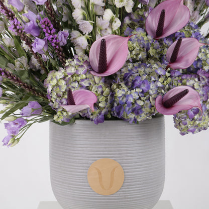 Purple Aura luxury floral arrangement premium handcrafted purple blooms elegant mystical statement gifting Kuwait Vitali Concept