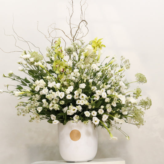 La Majesté II luxury floral arrangement green cymbidium orchids white lisianthus calla lilies queen anne's lace Kuwait Vitali Concept