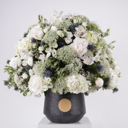 Midnight Alabaster luxury floral arrangement premium white blooms dramatic elegant grand interiors Kuwait Vitali Concept