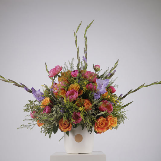 Royal Vivid luxury floral arrangement premium orange roses purple gladiolus vibrant peonies Kuwait Vitali Concept