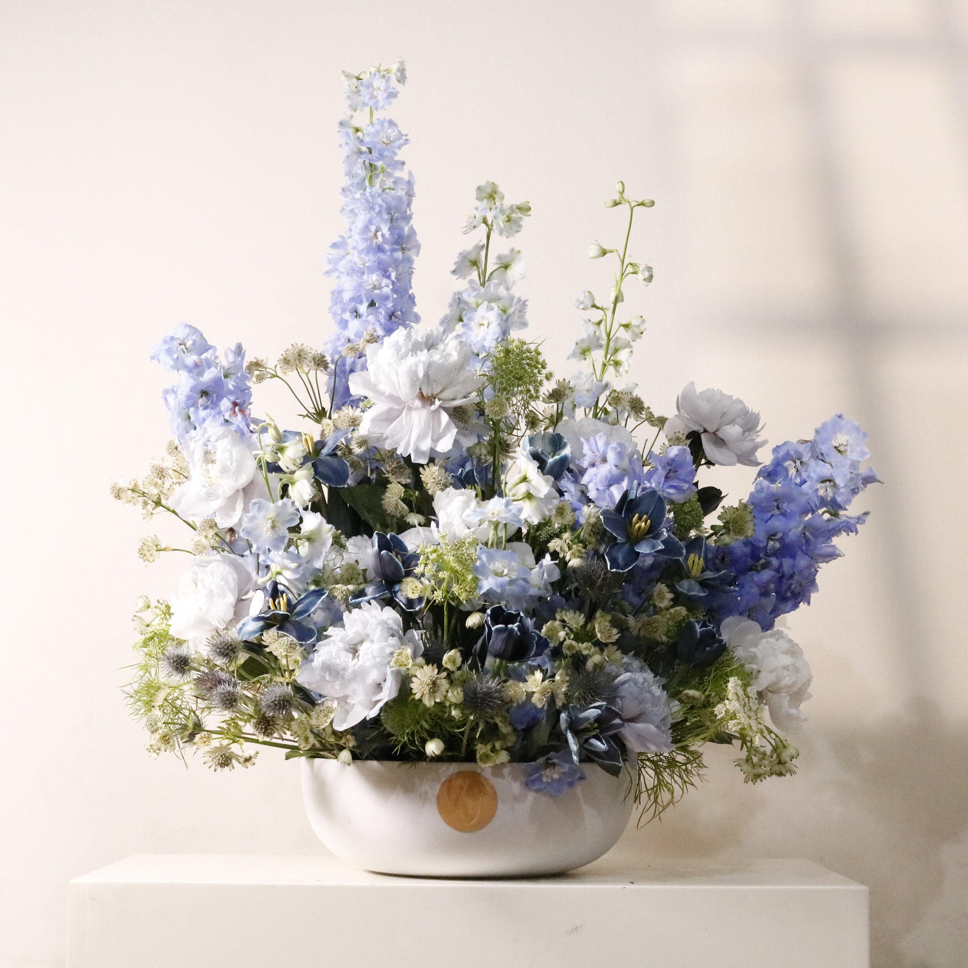 Neptune luxury floral arrangement navy tulips blue delphinium white peonies Kuwait Vitali Concept