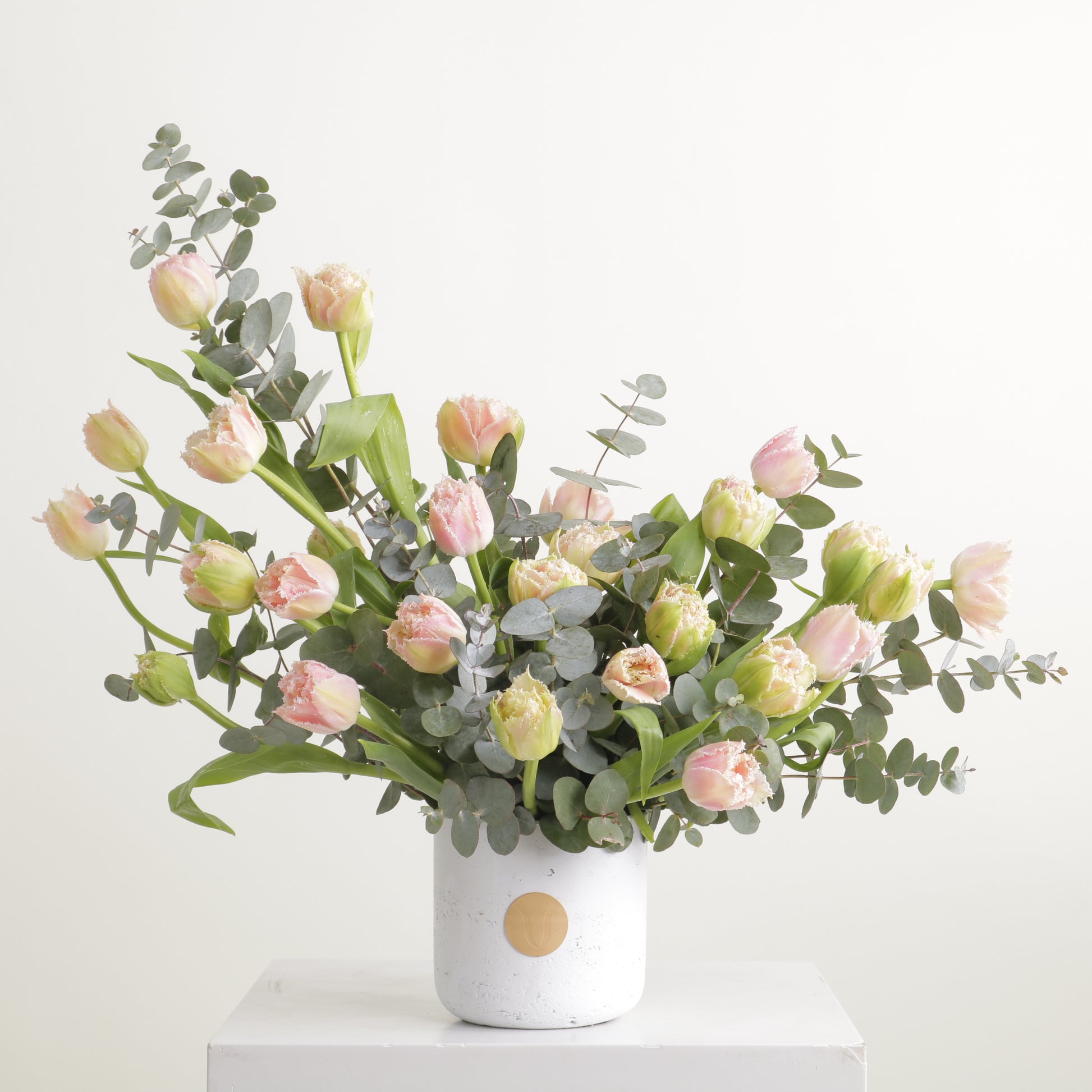 Prima luxury floral arrangement blush parrot tulips silver eucalyptus Kuwait Vitali Concept