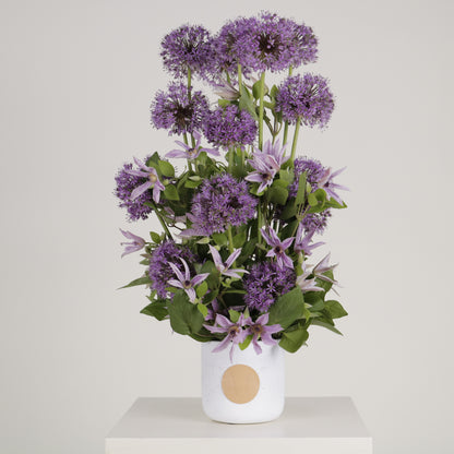 Viola luxury floral arrangement purple allium spheres clematis blooms Kuwait Vitali Concept
