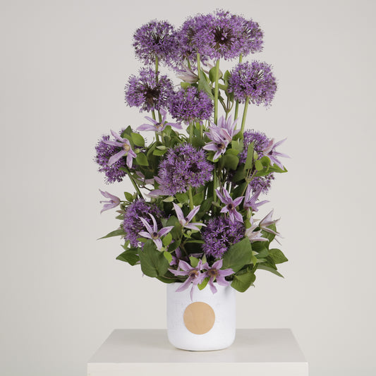 Viola luxury floral arrangement purple allium spheres clematis blooms Kuwait Vitali Concept