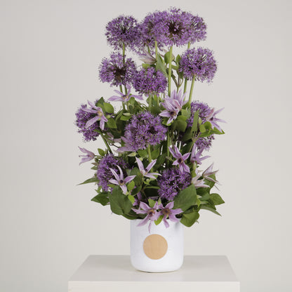 Viola luxury floral arrangement purple allium spheres clematis blooms Kuwait Vitali Concept
