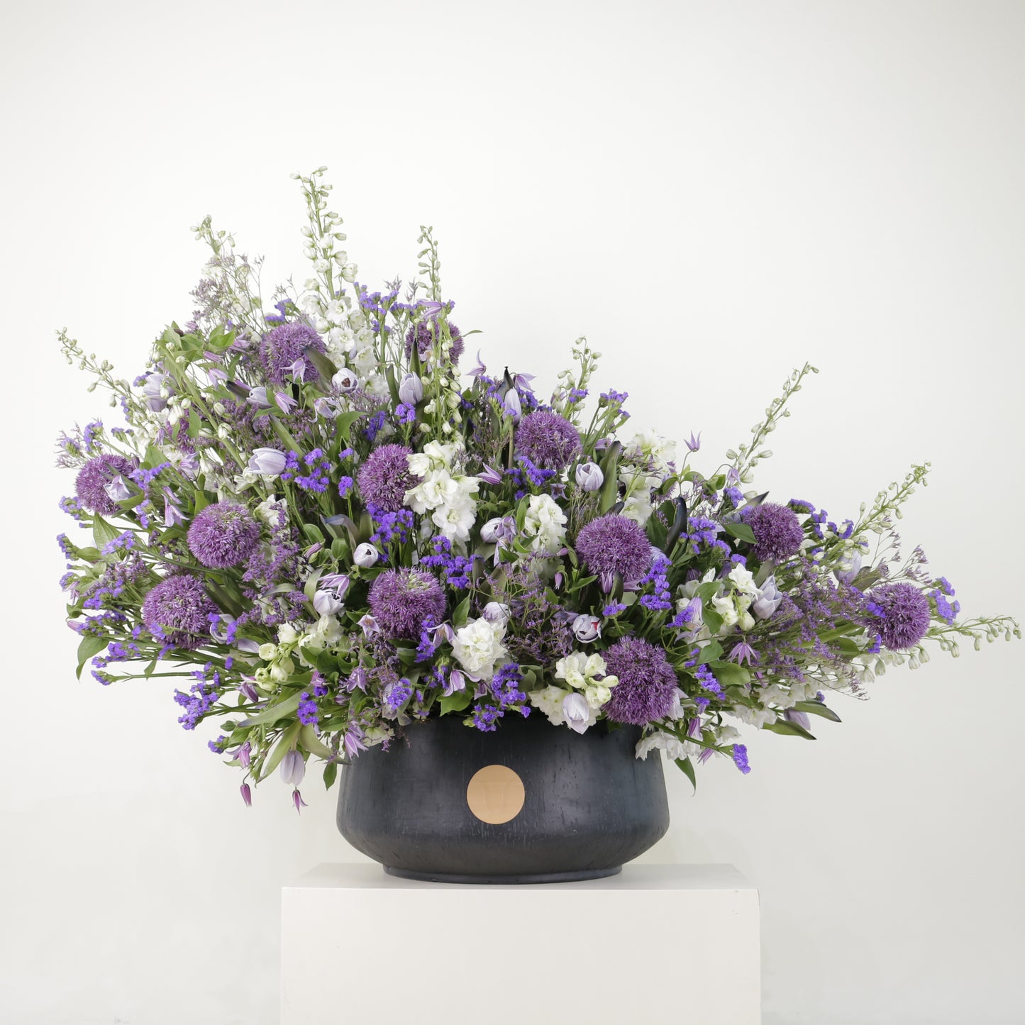 Amethyst Garden luxury floral arrangement purple alliums lilac tulips white stocks designer black bowl Kuwait Vitali Concept