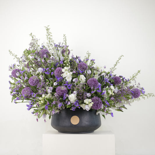 Amethyst Garden luxury floral arrangement purple alliums lilac tulips white stocks designer black bowl Kuwait Vitali Concept