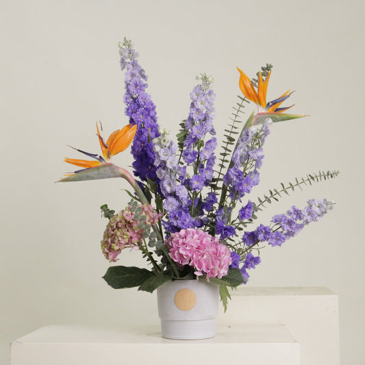 Paradis luxury tropical floral arrangement bird of paradise purple delphinium pink hydrangeas Kuwait Vitali Concept