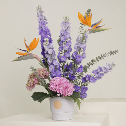 Paradis luxury tropical floral arrangement bird of paradise purple delphinium pink hydrangeas Kuwait Vitali Concept