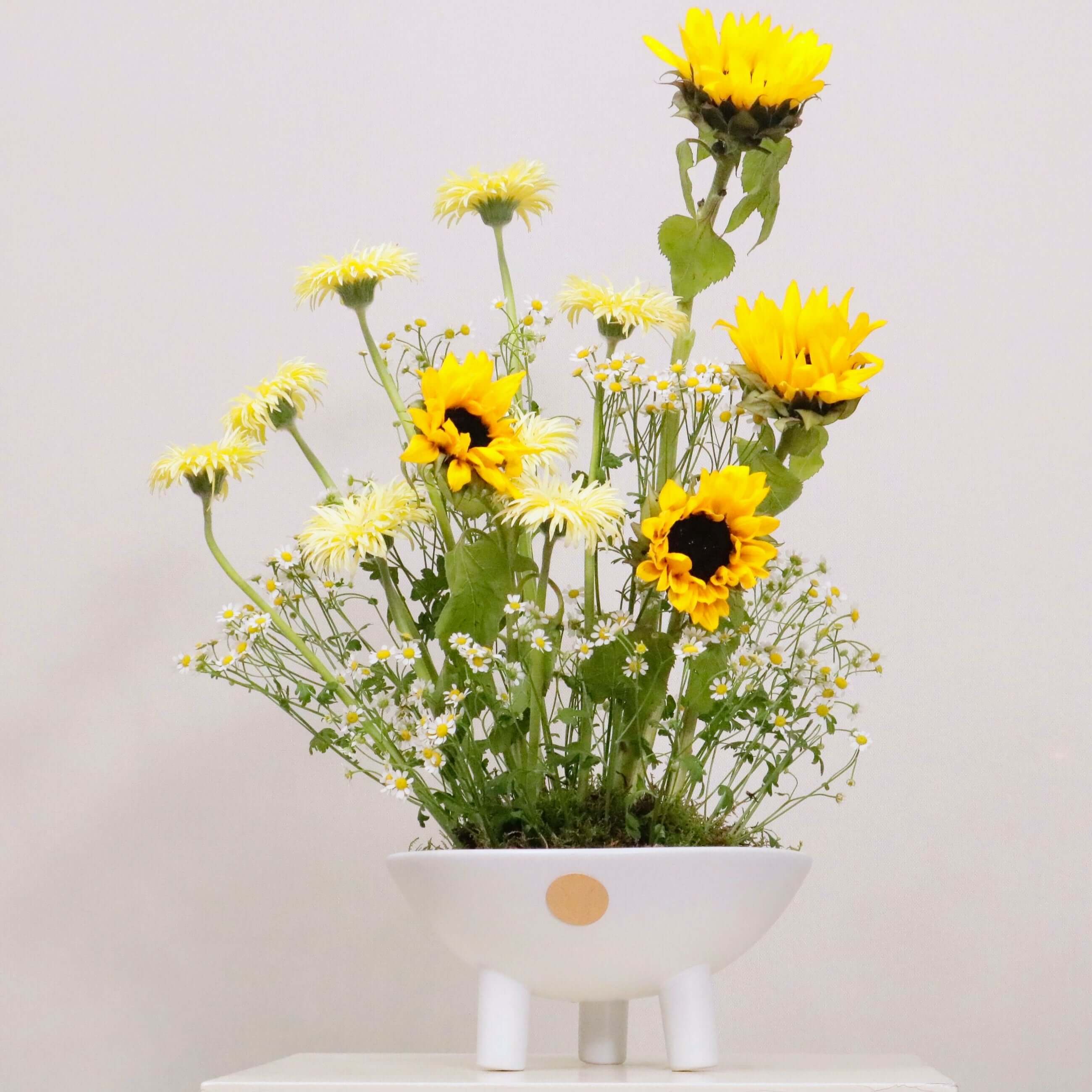 Aestas floral arrangement with sunflowers, yellow gerbera daisies, and matricaria in a white vase, bringing summer warmth and brightness.