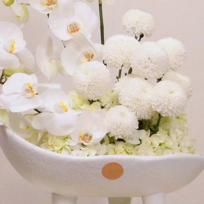 Luxurious floral arrangement 'Sonus Albus' featuring white Phalaenopsis orchids, hydrangeas, and ping-pong blooms in a stylish vase.