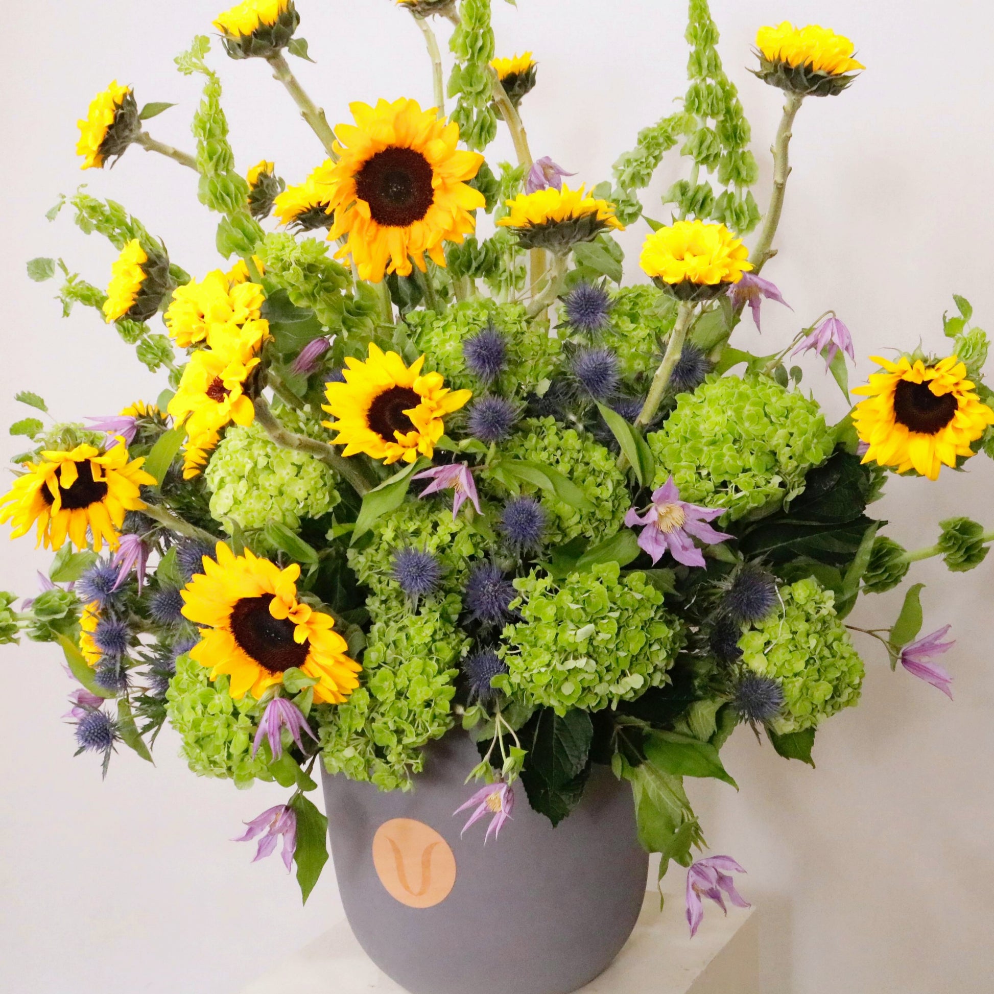 Luxurious floral arrangement featuring sunflowers, green hydrangeas, and clematis in a stylish pot, symbolizing spring freshness.