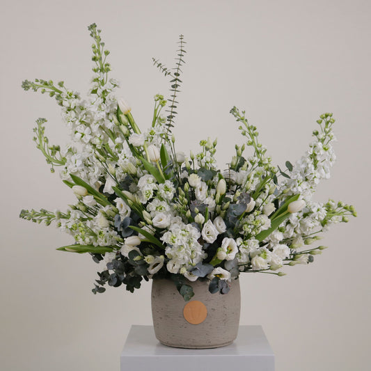 Alma Blanca luxury floral arrangement premium handcrafted pure white blooms elegant timeless gifting Kuwait Vitali Concept
