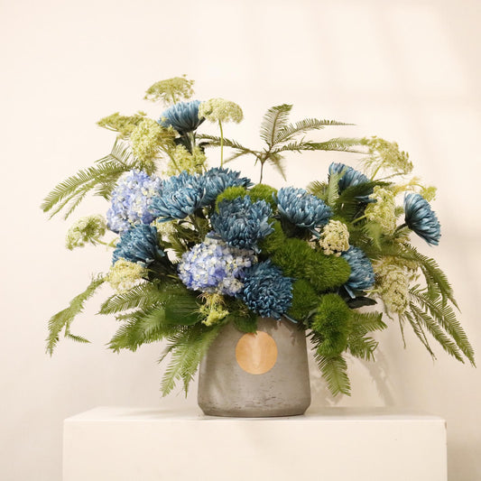 Azure Wild luxury floral arrangement premium handcrafted blue wildflower blooms elegant modern interiors Kuwait Vitali Concept