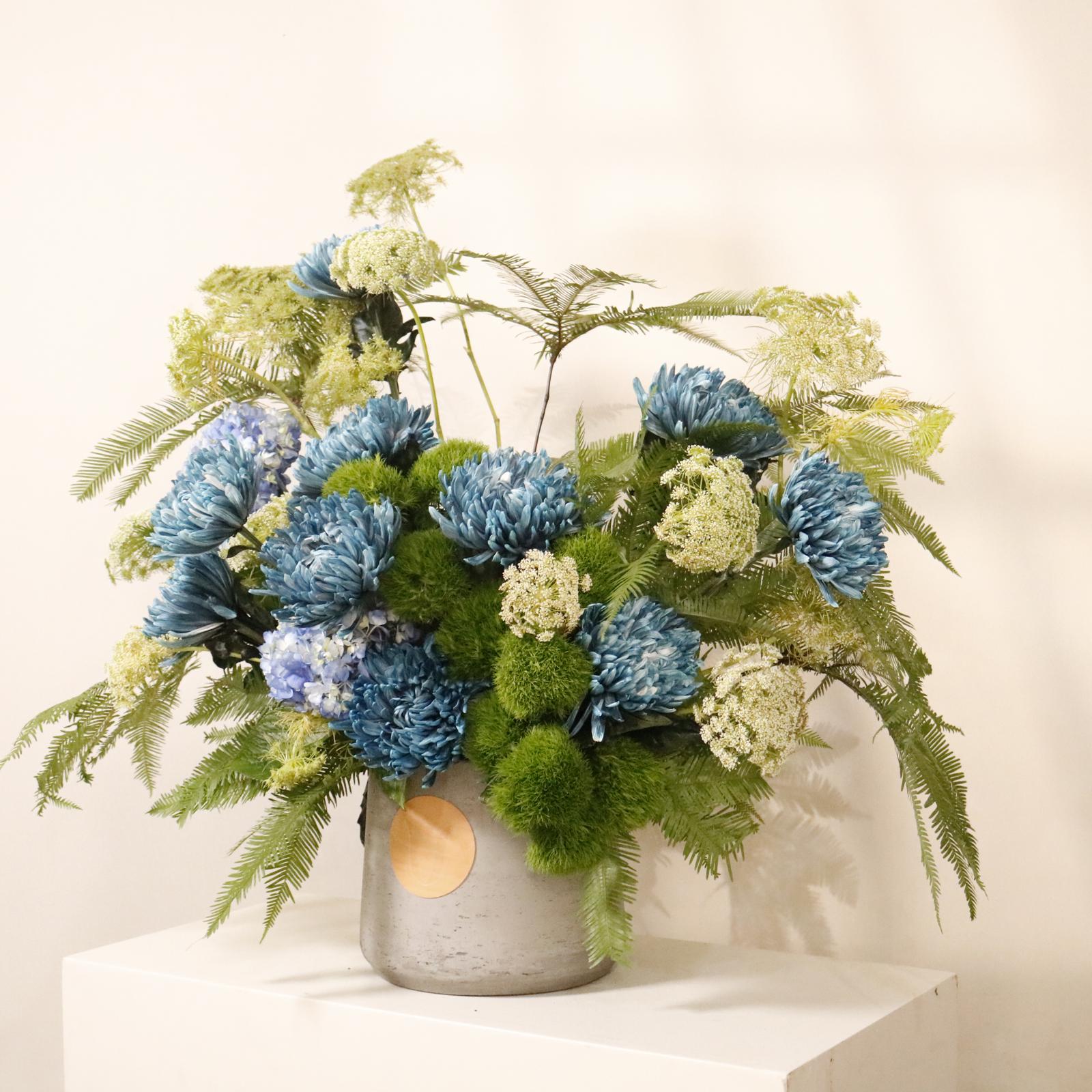 Azure Wild luxury floral arrangement premium handcrafted blue wildflower blooms elegant modern interiors Kuwait Vitali Concept