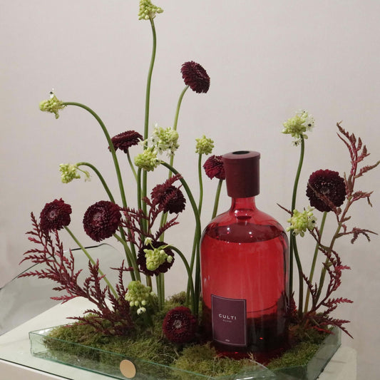 Luxurious Color Gift Era set with 4300ml ERA diffuser by Culti on a plexiglass tray, surrounded by deep red florals and Bromeliads.
