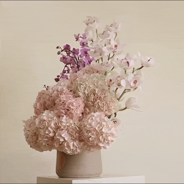 A floral arrangement of pink hydrangeas, pink orchids, and purple cymbidium, inspired by a famous Italian song, in a beige vase.