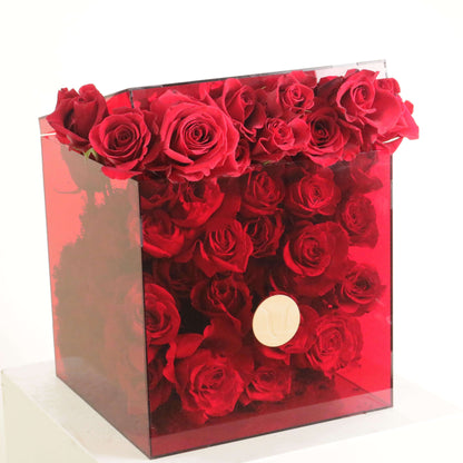 Luxurious arrangement of 50 red roses in a transparent box, ideal for romantic occasions like anniversaries or Valentine's Day.